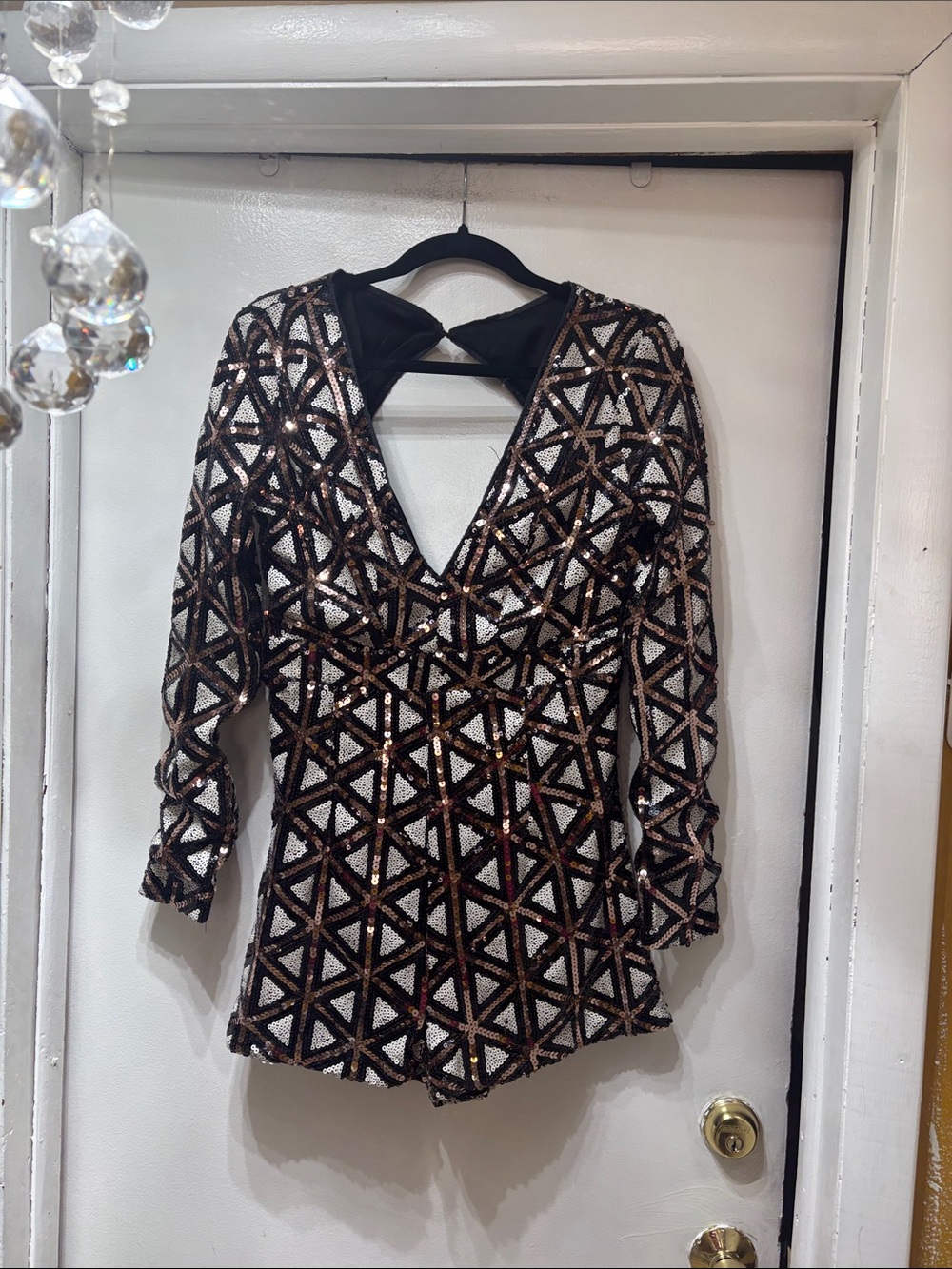 Sequin Geometric Deep-V Women’s Top - Black & Gold short jump suit